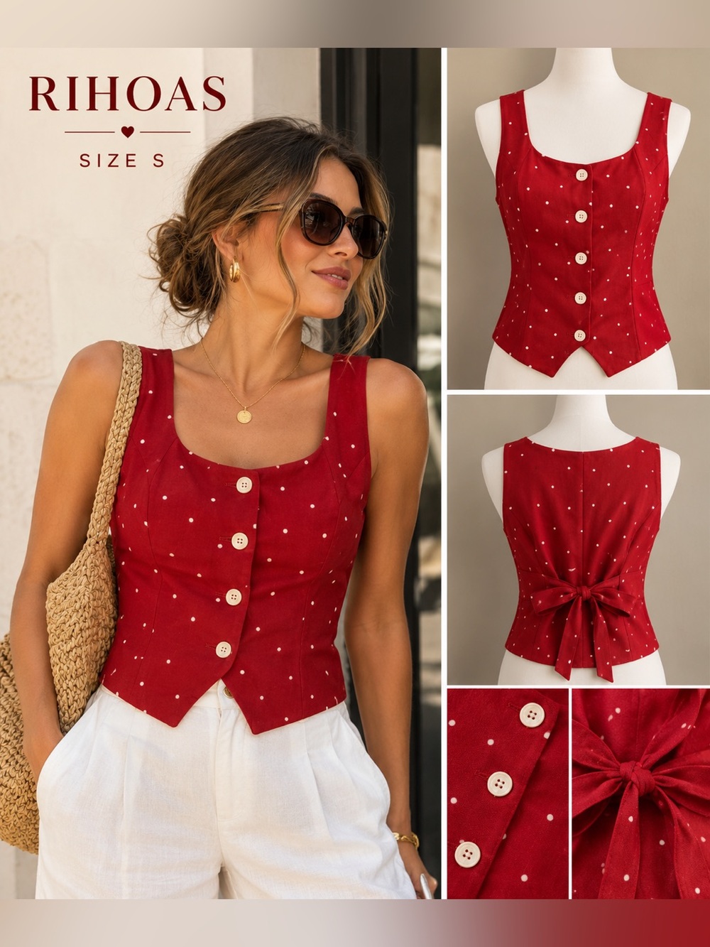 RIHOAS Red Polka Dot Vest Top Size S Tie Back Button Front Vintage Style
